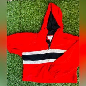 Forever 21 Orange and Blue Striped Soft Touch Windbreaker Cropped Hoodie